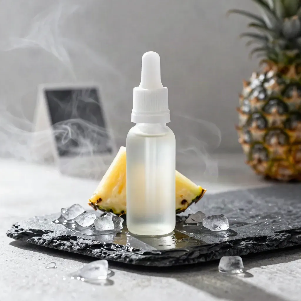 Unlabelled pineapple ice CBD vape juice bottle with ice crystals on wet stone and steam.