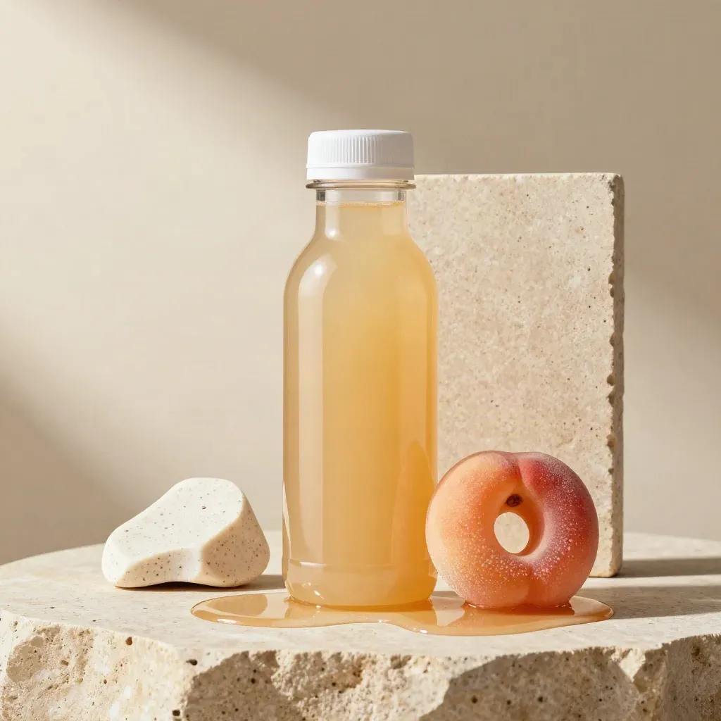 Unlabelled peach rings CBD juice bottle with candy prop on stone
