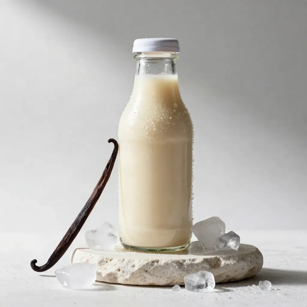 Unbranded vanilla vape juice bottle with vanilla pod, ice, and stone pedestal.