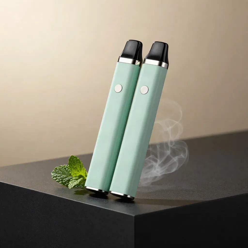 Two mint vape pens with mint leaves, brushed metal, and vapor on a dark studio surface.