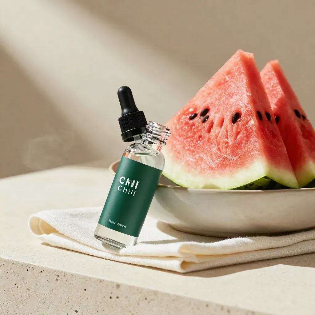 Watermelon CBD vape juice bottle with wedge and mist on a pale stone surface